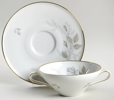 Grey Rose Gold Trim Flat Cream Soup Bowl & Saucer Set