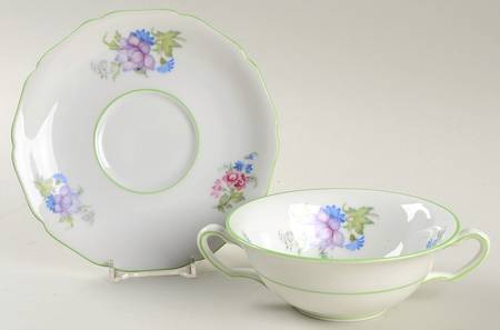 5873 Green Trim Flat Cream Soup Bowl & Saucer Set