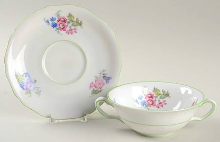 5873 Green Trim Flat Cream Soup Bowl & Saucer Set