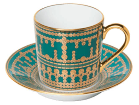Tiara Peacock Blue Gold Flat Demitasse Cup & Saucer Set