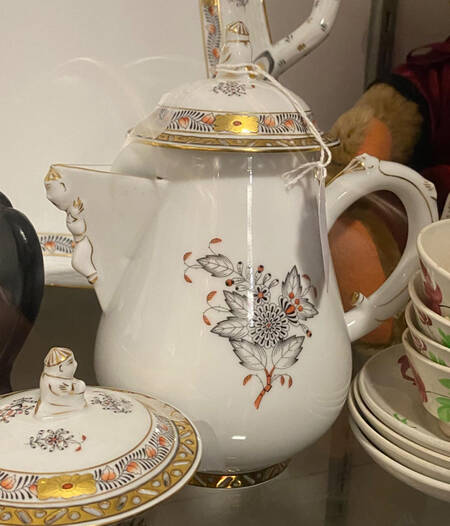Chinese Bouquet Gray, Rust & Gold Teapot & Lid