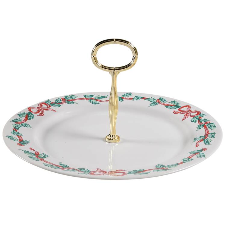 Christmas Ribbons Round Serving Plate with Center Handle (Dp) Hc