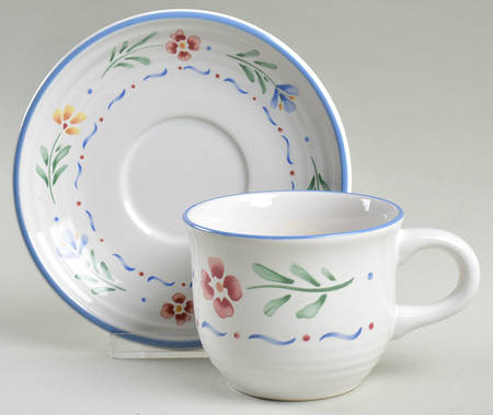 Greta (Coupe, Blue Trim) Flat Cup & Saucer Set