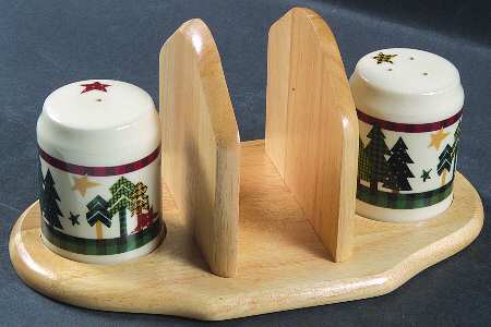 Prairietown Christmas Salt & Pepper Set on Wood Napkin Holder Tray