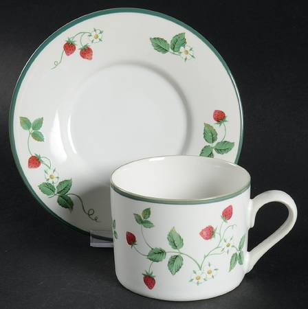 Strawberry Fair (Green Trim) Flat Cup & Saucer Set by International