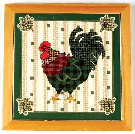 Rooster Morn Wood Frame Trivet