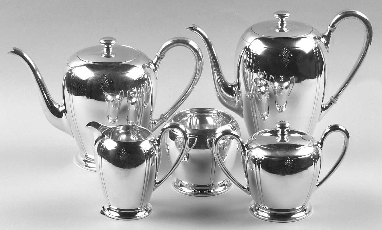 Sedan (Sterling, Hollowware) 5 Piece Tea Set (SCP, STP, SCR, SSU, SWB)