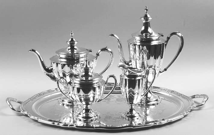 Chippendale (Silverplate, Hollowware, Pedestal) 5-Piece Silverplate Tea Set (with Tray)