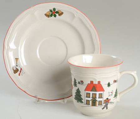 Joy of Christmas (Scalloped, Red Trim) Flat Cup & Saucer Set