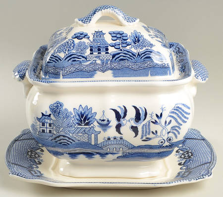 Blue Willow (No Gold, "Japan" Only) Small Tureen w/Lid & Underplate