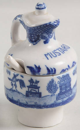 Blue Willow (No Gold, "Japan" Only) Mustard Condiment with Lid and Spoon