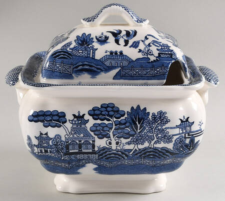 Blue Willow (No Gold, "Japan" Only) Small Tureen & Lid
