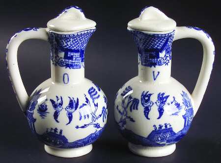 Blue Willow (No Gold, "Japan" Only) Vinegar and Oil Set with Stoppers