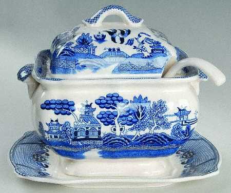 Blue Willow (No Gold, "Japan" Only) Small Tureen w/Lid, Ladle & Underplate