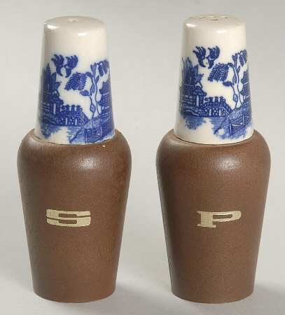 Blue Willow (No Gold, "Japan" Only) Ceramic and Wood Salt & Pepper Set