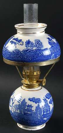 Blue Willow (No Gold, "Japan" Only) Miniature Oil Lamp with Shade and Glass Chimney