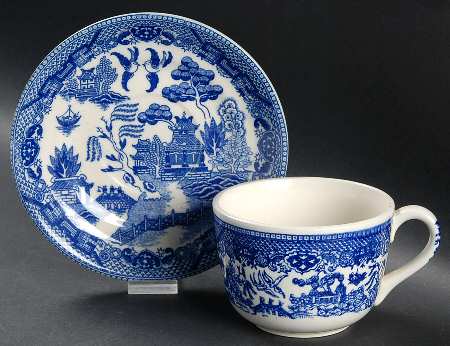 Blue Willow (No Gold, "Japan" Only) Flat Cup & Saucer Set