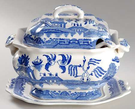 Blue Willow (No Gold, "Japan" Only) Small Tureen w/Lid, Ladle & Underplate