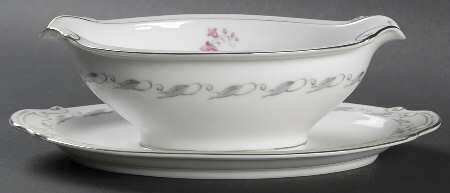 Elaine (Gray Leaf Band On Rim) Gravy Boat with Attached Underplate