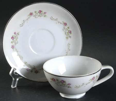 Elaine (Green Leaves, Pink Flowers) Footed Cup & Saucer Set
