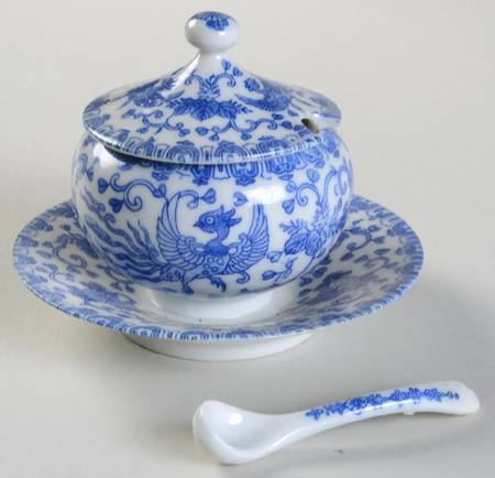 Phoenix Bird Mustard with Attached Underplate, Lid and Spoon