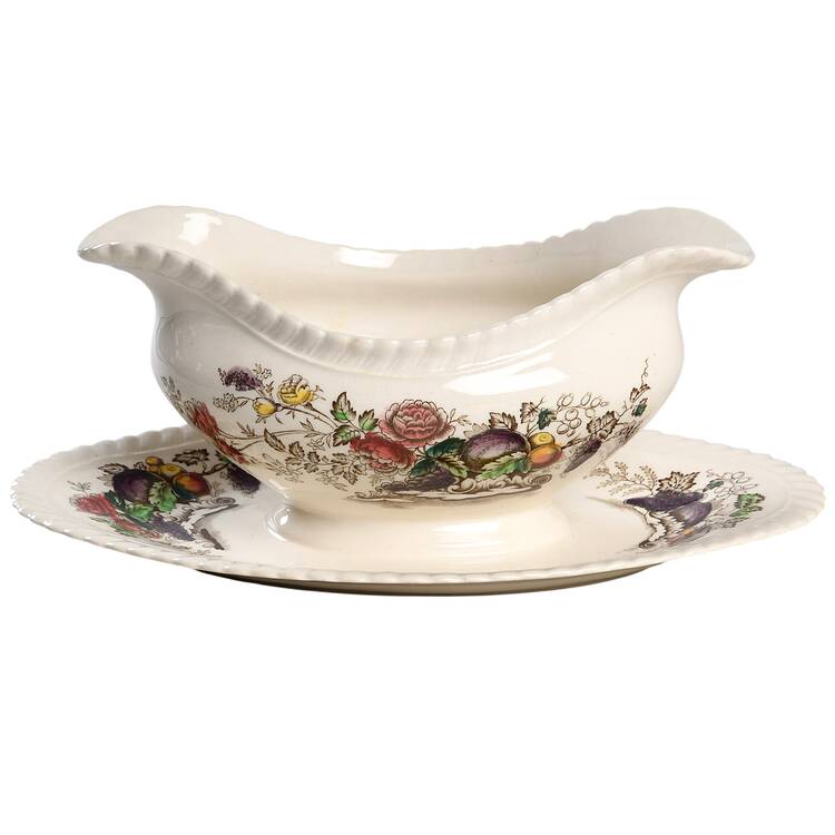 Bird of Paradise Brown Multicolor Gravy Boat with Attached Underplate