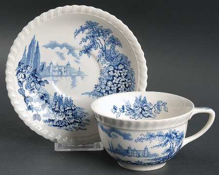 Castle On The Lake Blue Flat Cup & Saucer Set