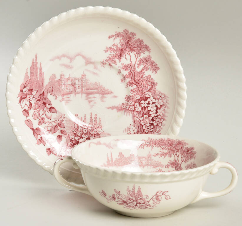 Castle On The Lake Pink Red Flat Cream Soup Bowl & Saucer Set