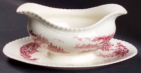 Castle On The Lake Pink Red Gravy Boat with Attached Underplate