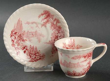 Castle On The Lake Pink Red Flat Demitasse Cup & Saucer Set