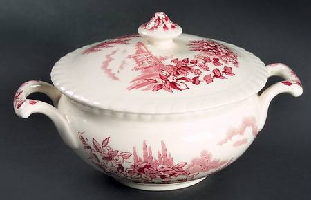 Castle On The Lake Pink Red Sugar Bowl & Lid