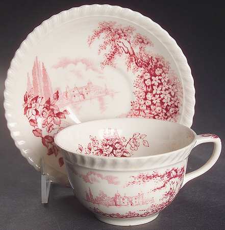 Castle On The Lake Pink Red Flat Cup & Saucer Set