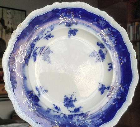 Clayton (Flow Blue, Gold Trim) Large Rim Soup Bowl