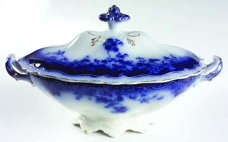Clayton (Flow Blue, Gold Trim) Oval Tureen & Lid
