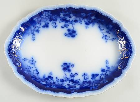 Clayton (Flow Blue, Gold Trim) 12" Oval Serving Platter