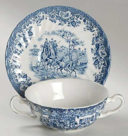 Coaching Scenes Blue Flat Cream Soup Bowl & Saucer Set