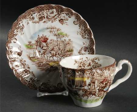 Coaching Scenes Brown Multicolor Flat Cup & Saucer Set