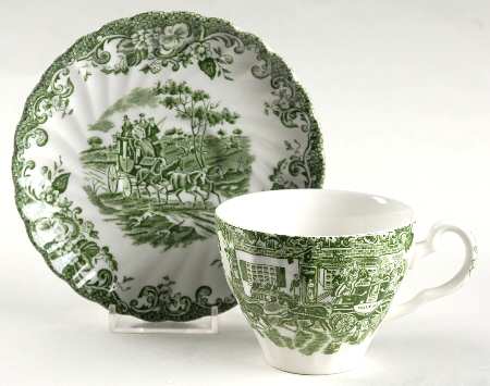 Coaching Scenes Green Flat Cup & Saucer Set
