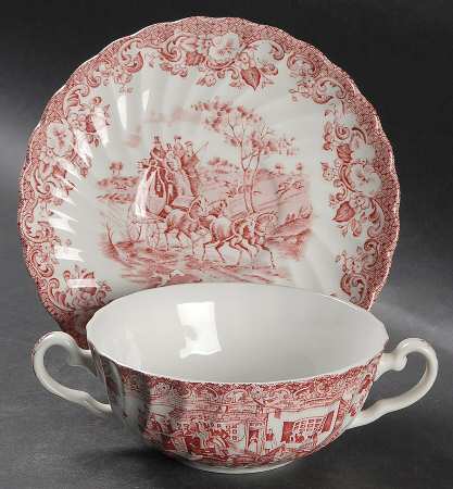 Coaching Scenes Pink Flat Cream Soup Bowl & Saucer Set