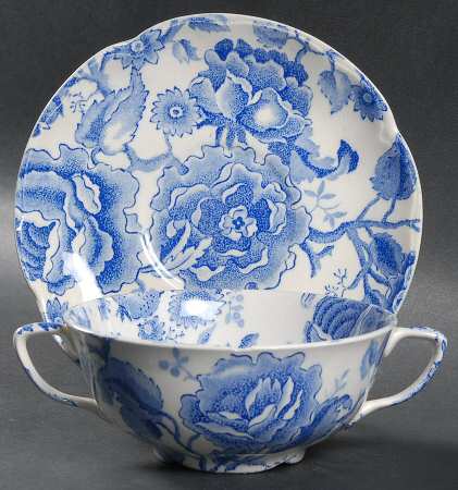 English Chippendale Blue Flat Cream Soup Bowl & Saucer Set