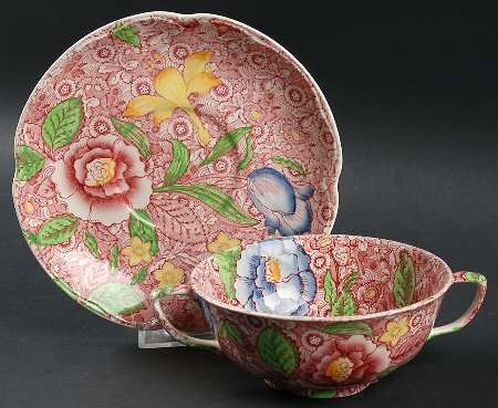 English Countryside Pink Multicolor Flat Cream Soup Bowl & Saucer Set