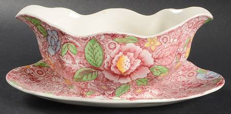 English Countryside Pink Multicolor Gravy Boat with Attached Underplate
