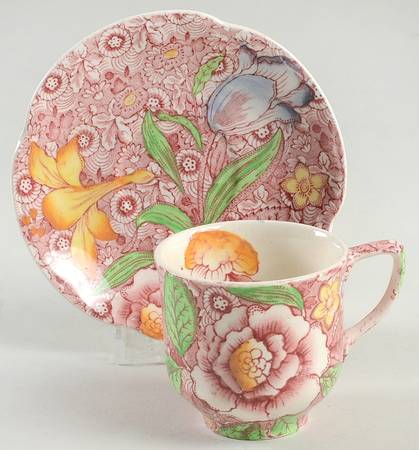 English Countryside Pink Multicolor Flat Demitasse Cup & Saucer Set
