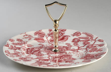 English Chippendale Red Pink Round Serving Plate with Handle (DP)