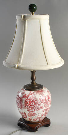 English Chippendale Red Pink 17" Electric Lamp & Shade