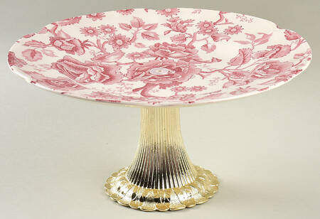 English Chippendale Red Pink Cake Stand with 4"-5" Metal Pedestal  Hc