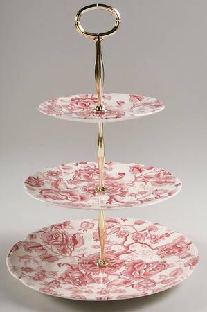 English Chippendale Red Pink 13 7/8"-14 1/4" 3-Tiered Serving Tray(DP,SP,BB) HC