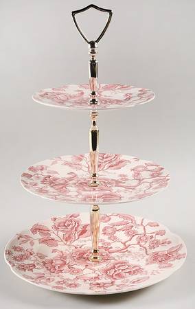 English Chippendale Red Pink 3-Tiered Serving Tray (DP, SP, BB)