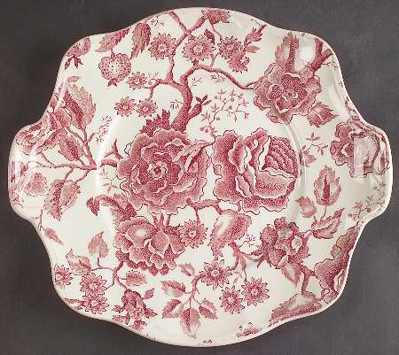 English Chippendale Red Pink Square Handled Cake Plate