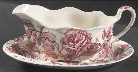 English Chippendale Red Pink Gravy Boat & Underplate/Relish